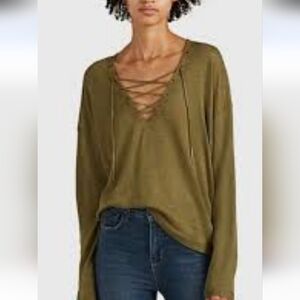 Nili Lotan Olive/Army Green Lace-Up V-Neck Linen Sweater-NEW